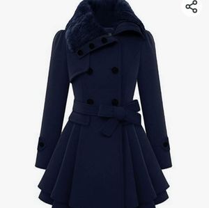 Faux Fur Lapel Double-Breasted Thick Wool Trench